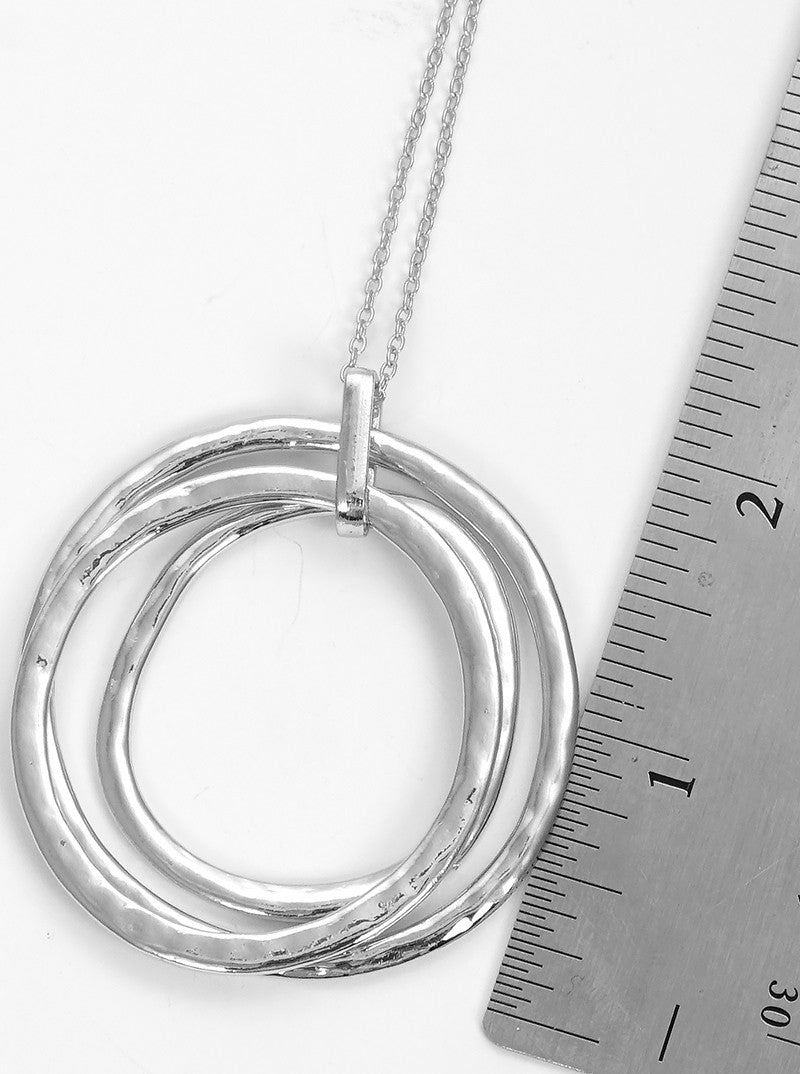 Hammered Metal Tri Circles Pendant Long Necklace RHODIUM