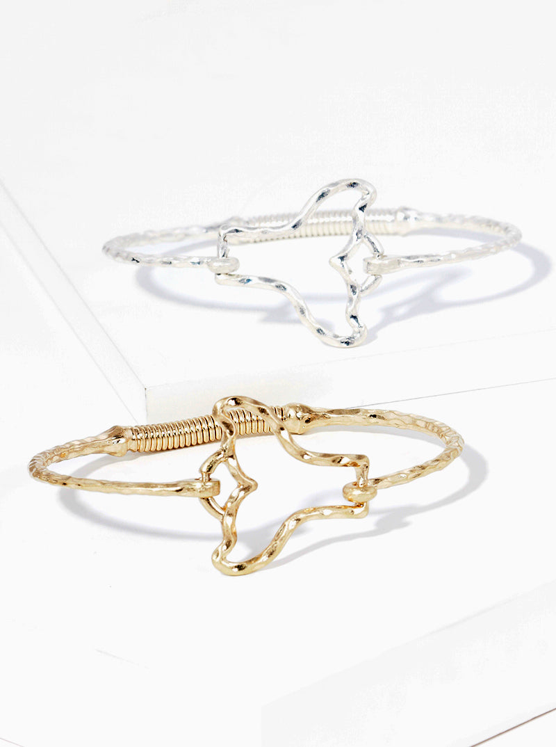 Hammered Metal Whale Tail Accent Fine Spring Hook Closure Bangle Bracelet