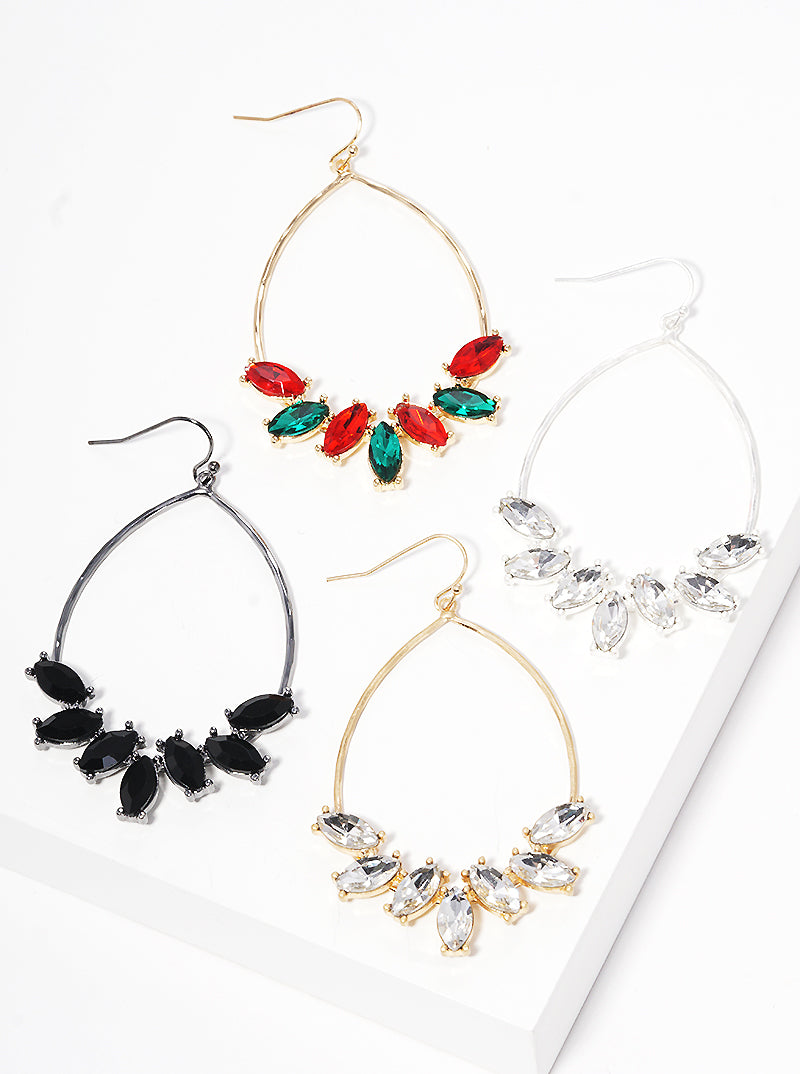 Hammered Teardrop Crystal Accent Fish Hook Dangle Drop Earrings