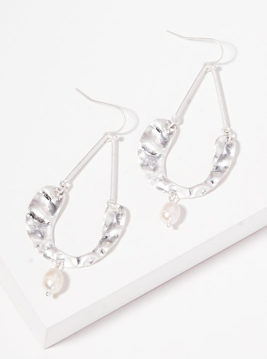 Hammered Teardrop Freshwater Pearl Drop Dangle Earrings