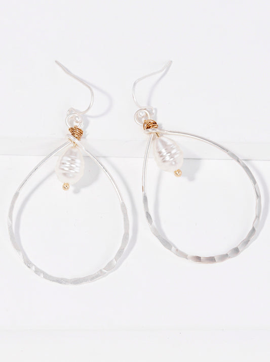 Hammered Teardrop With Pearl Metal Dangle Earrings