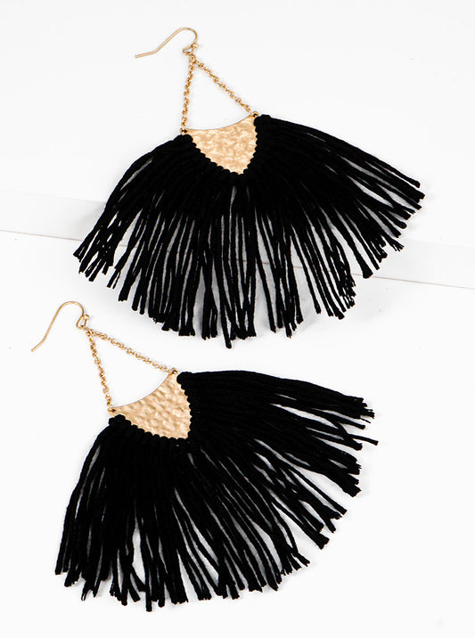 Hammered Upside Down Triangle With Thread Tassel Fringe Drop Earrings