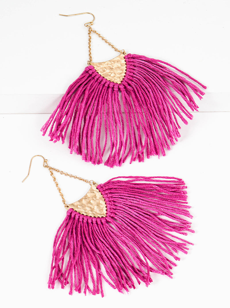 Hammered Upside Down Triangle With Thread Tassel Fringe Drop Earrings