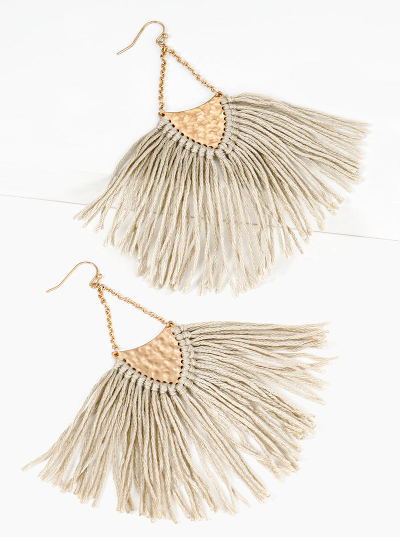 Hammered Upside Down Triangle With Thread Tassel Fringe Drop Earrings