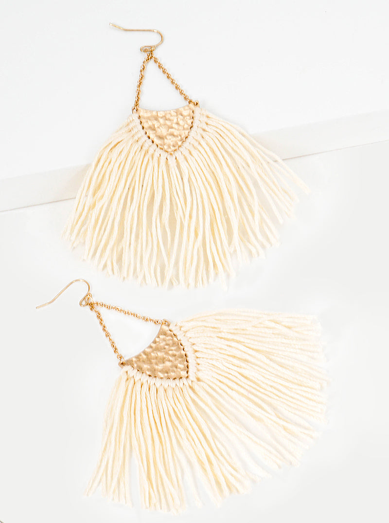 Hammered Upside Down Triangle With Thread Tassel Fringe Drop Earrings