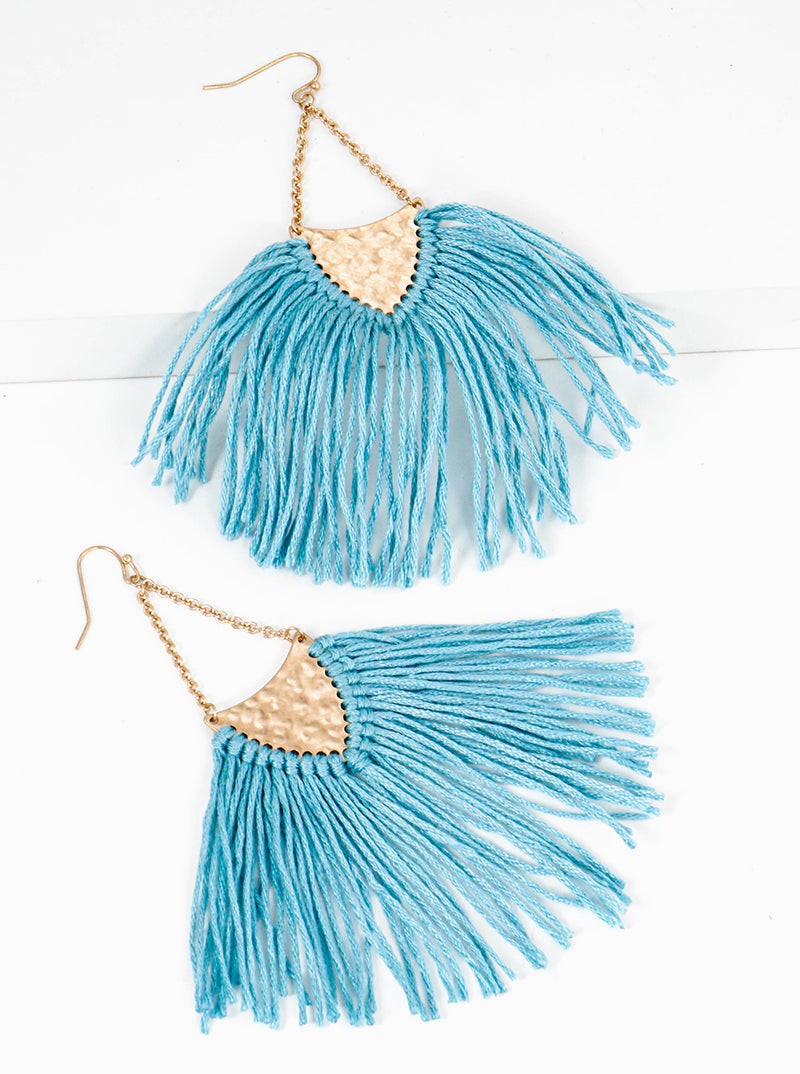 Hammered Upside Down Triangle With Thread Tassel Fringe Drop Earrings