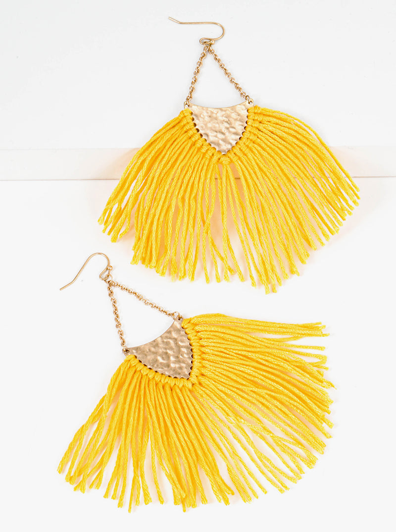 Hammered Upside Down Triangle With Thread Tassel Fringe Drop Earrings