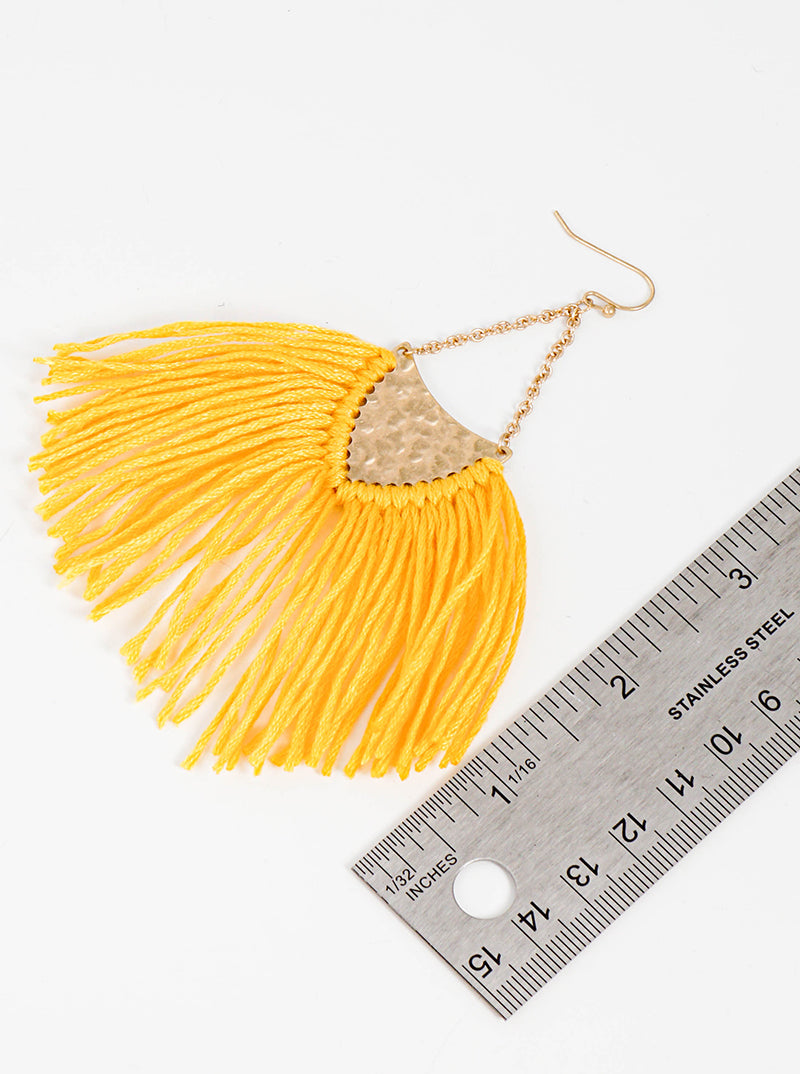 Hammered Upside Down Triangle With Thread Tassel Fringe Drop Earrings