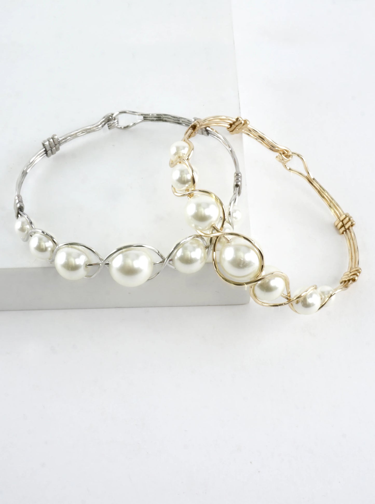 Handmade Woven Graduated Pearl Wire Cuff Bracelet