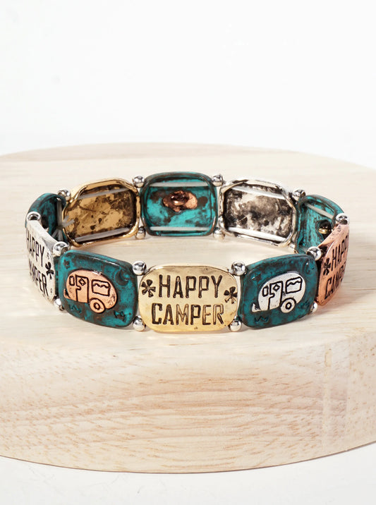 Happy-Camper Engraved Four-Tone Metal Stretch Bracelet