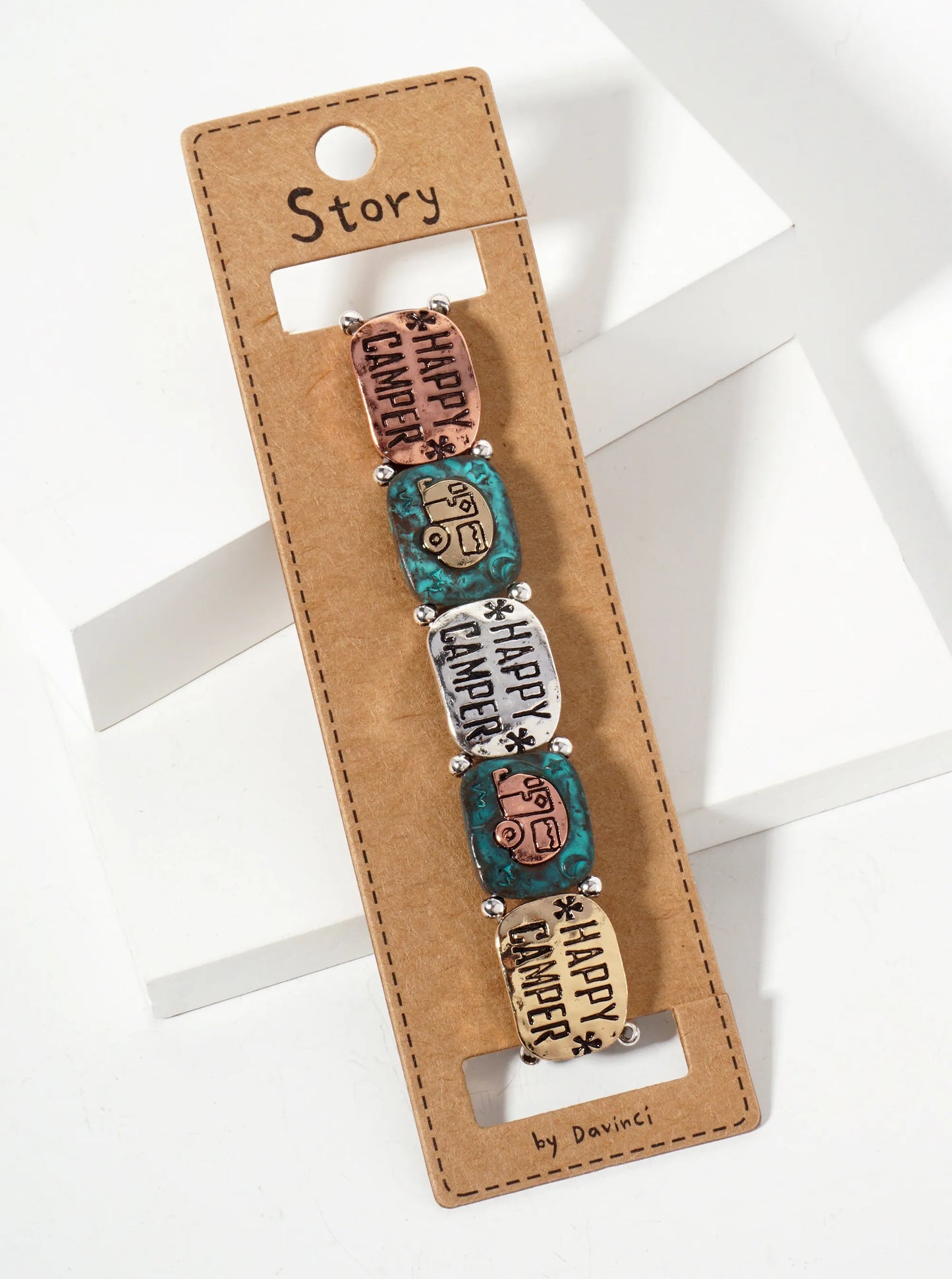 Happy-Camper Engraved Four-Tone Metal Stretch Bracelet