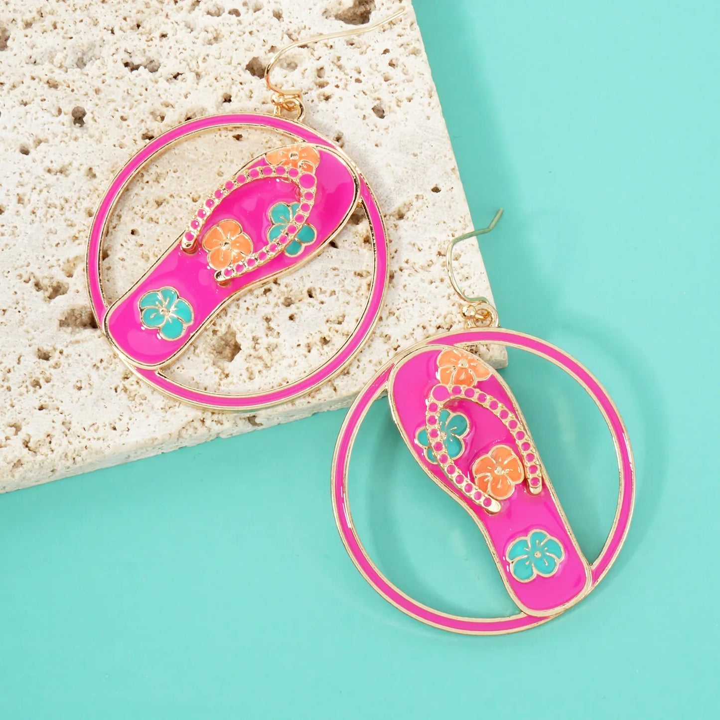Hawaiian Flower Flip-Flops Circle Drop Statement Earrings