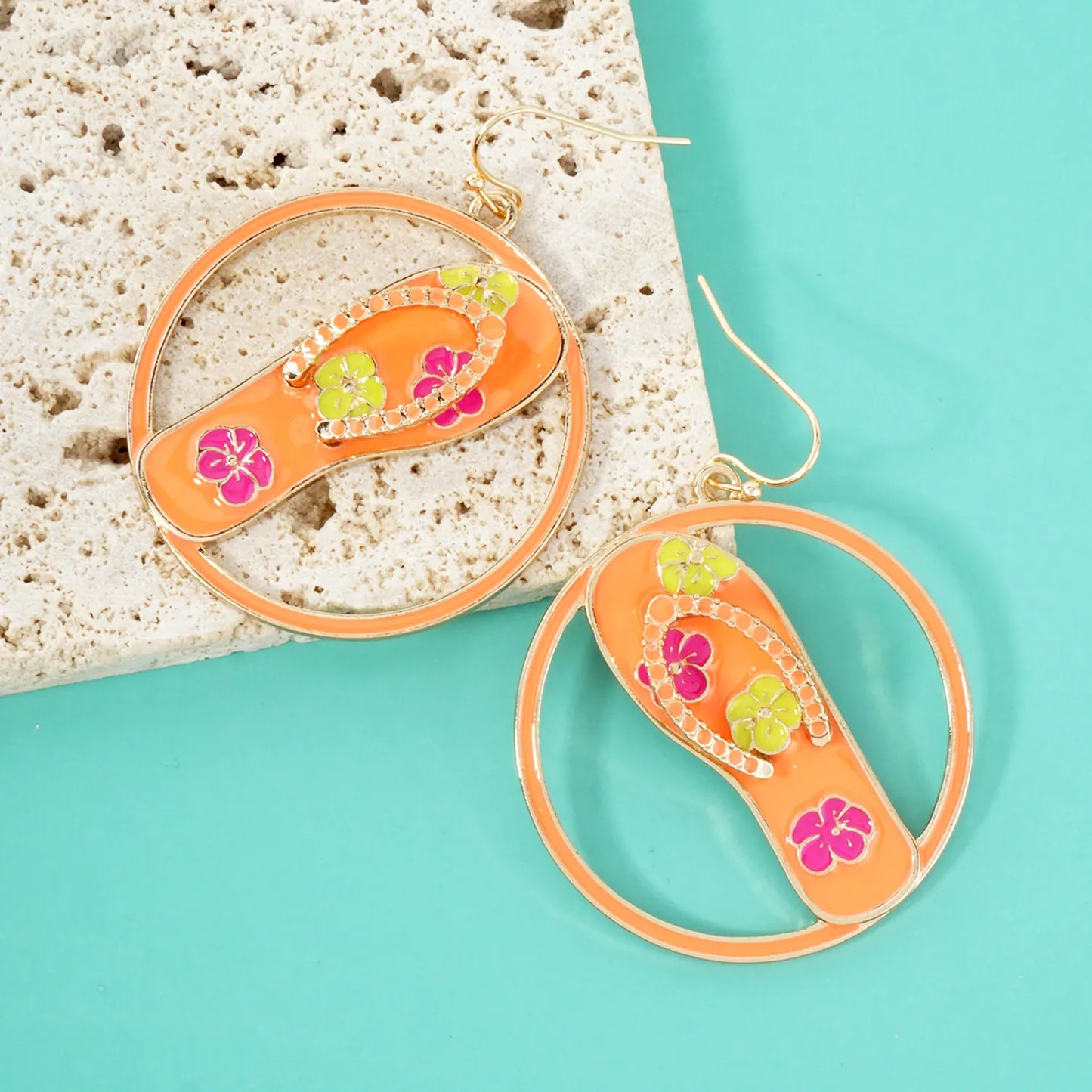 Hawaiian Flower Flip-Flops Circle Drop Statement Earrings