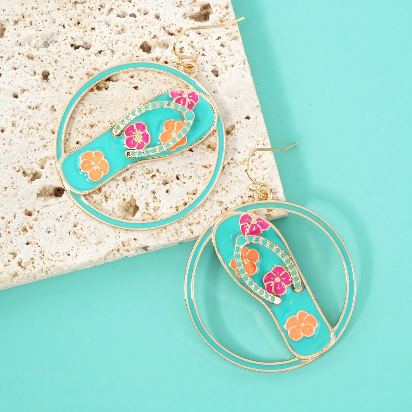 Hawaiian Flower Flip-Flops Circle Drop Statement Earrings
