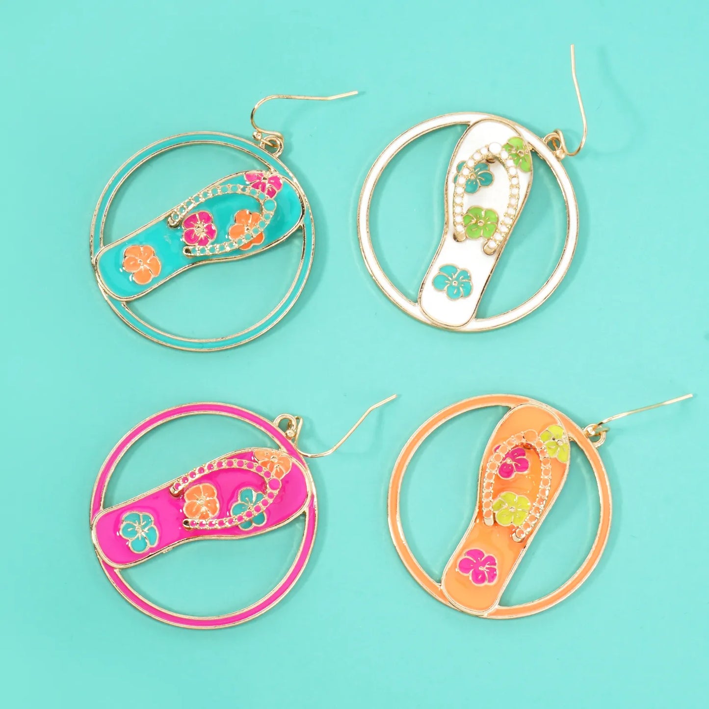 Hawaiian Flower Flip-Flops Circle Drop Statement Earrings