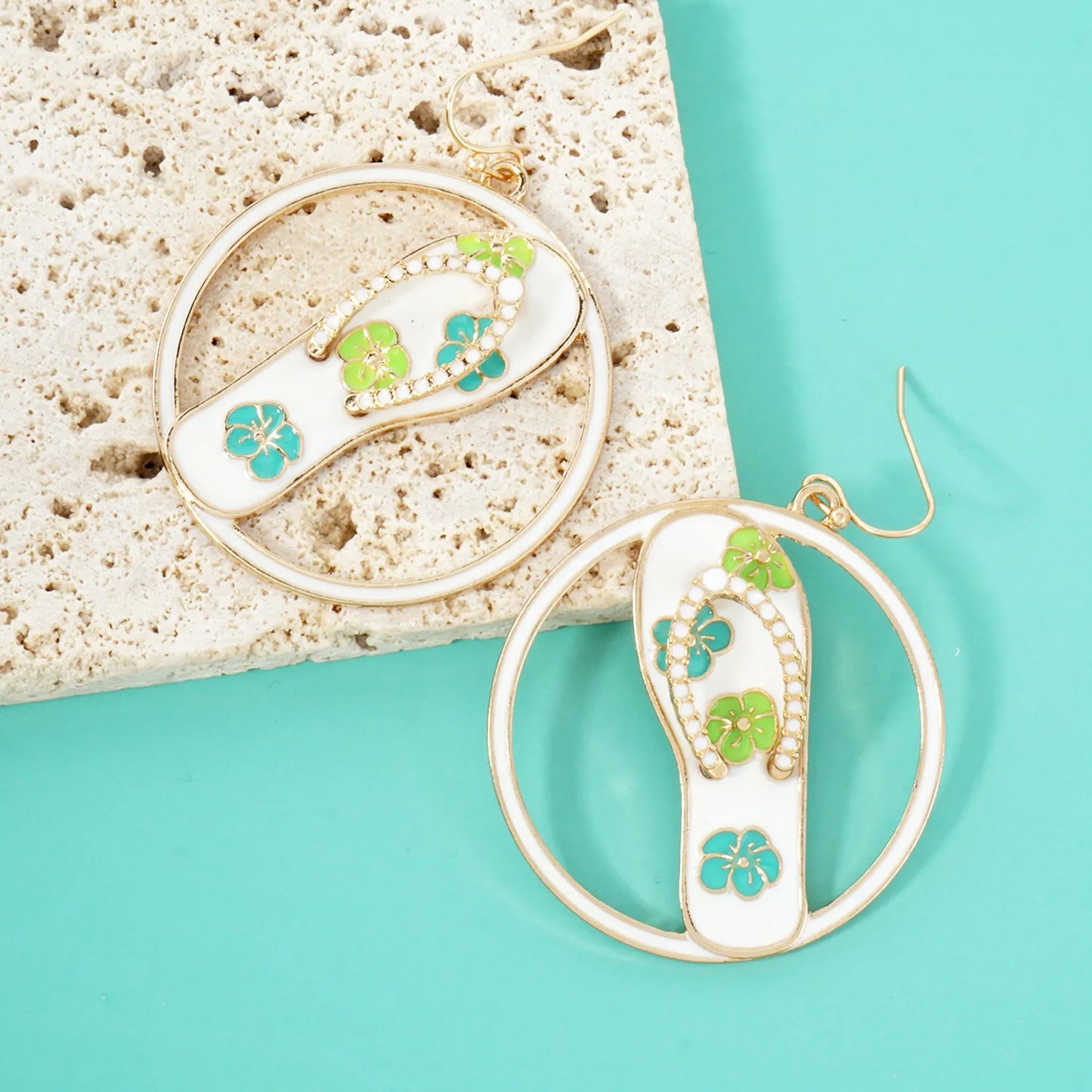 Hawaiian Flower Flip-Flops Circle Drop Statement Earrings