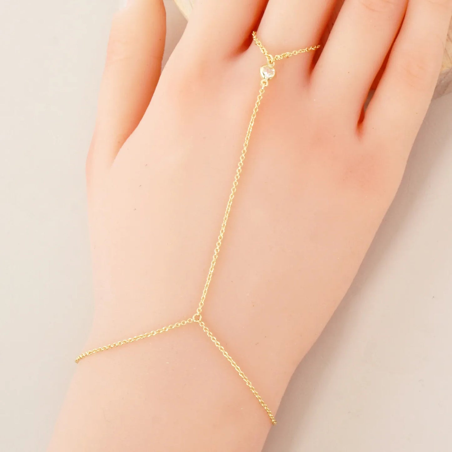 Heart CZ Accent 18K-Gold-Dipped Delicate Brass Hand-Chain Bracelet