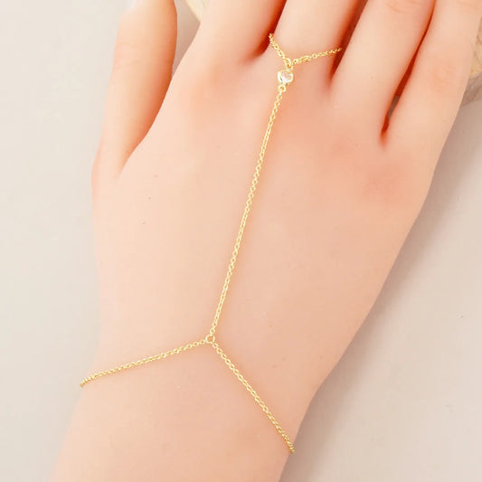 Heart CZ Accent 18K-Gold-Dipped Delicate Brass Hand-Chain Bracelet