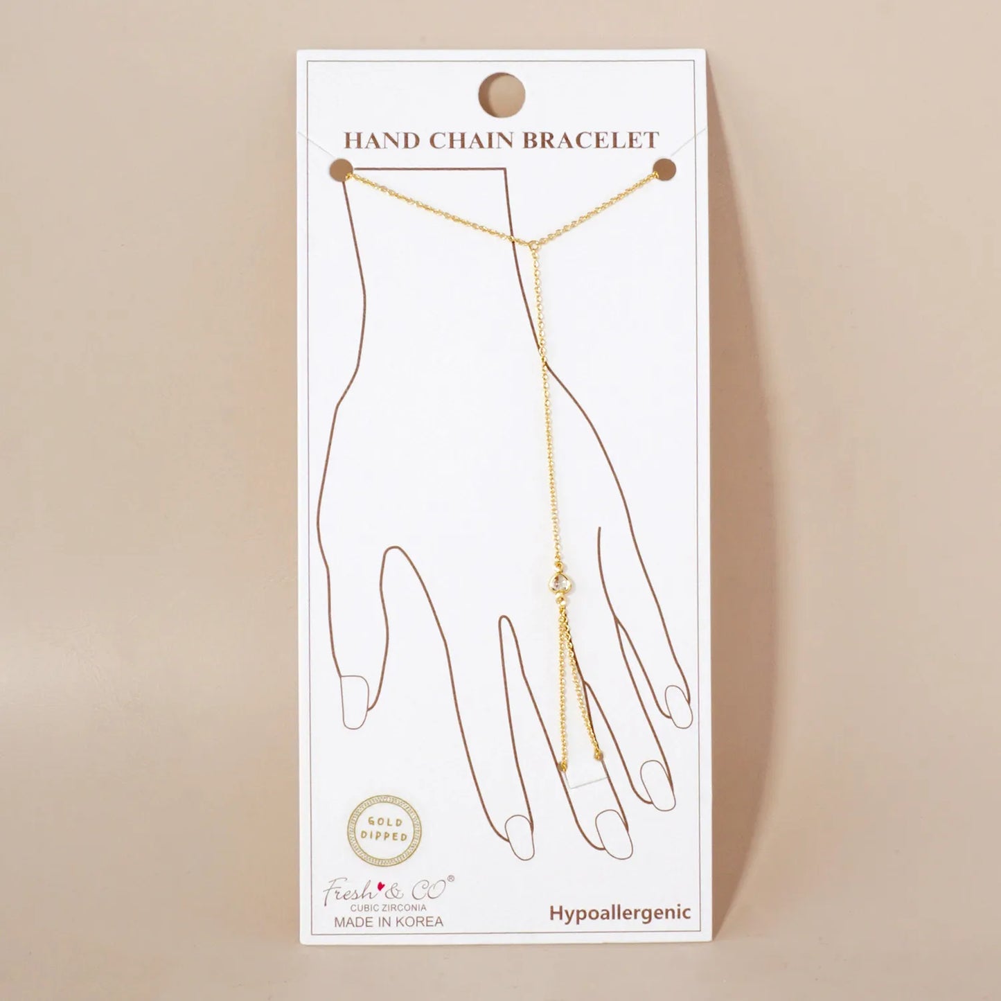 Heart CZ Accent 18K-Gold-Dipped Delicate Brass Hand-Chain Bracelet