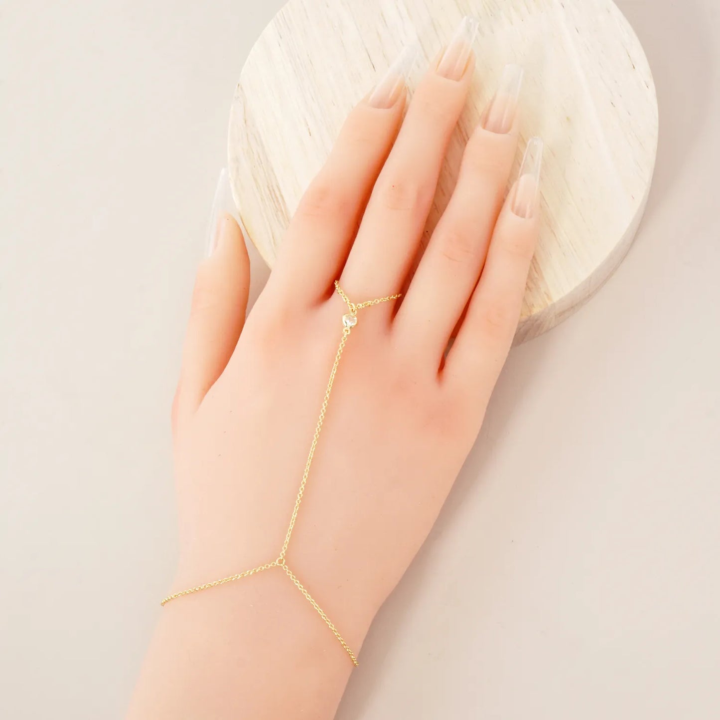 Heart CZ Accent 18K-Gold-Dipped Delicate Brass Hand-Chain Bracelet