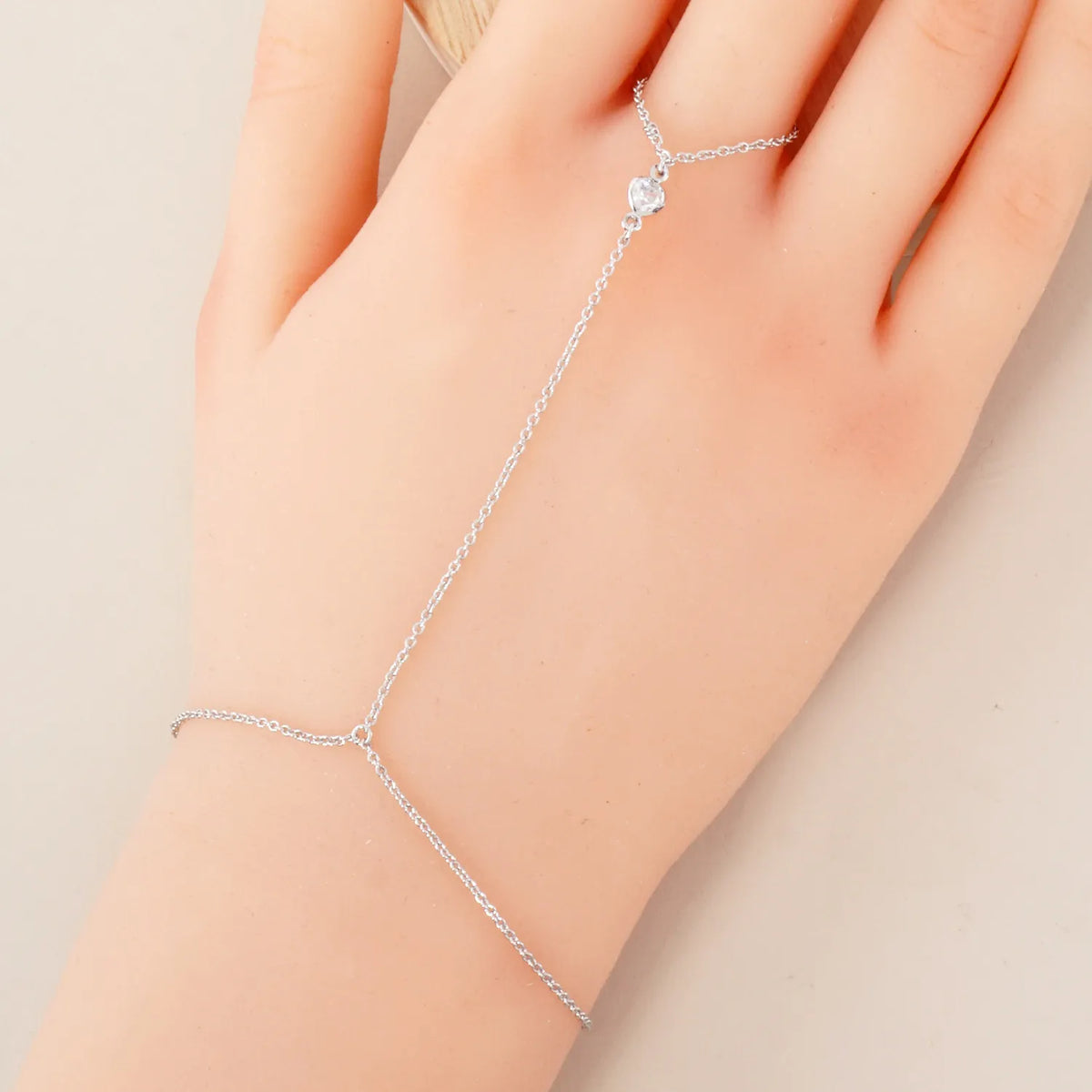 Heart CZ Accent 18K-Gold-Dipped Delicate Brass Hand-Chain Bracelet