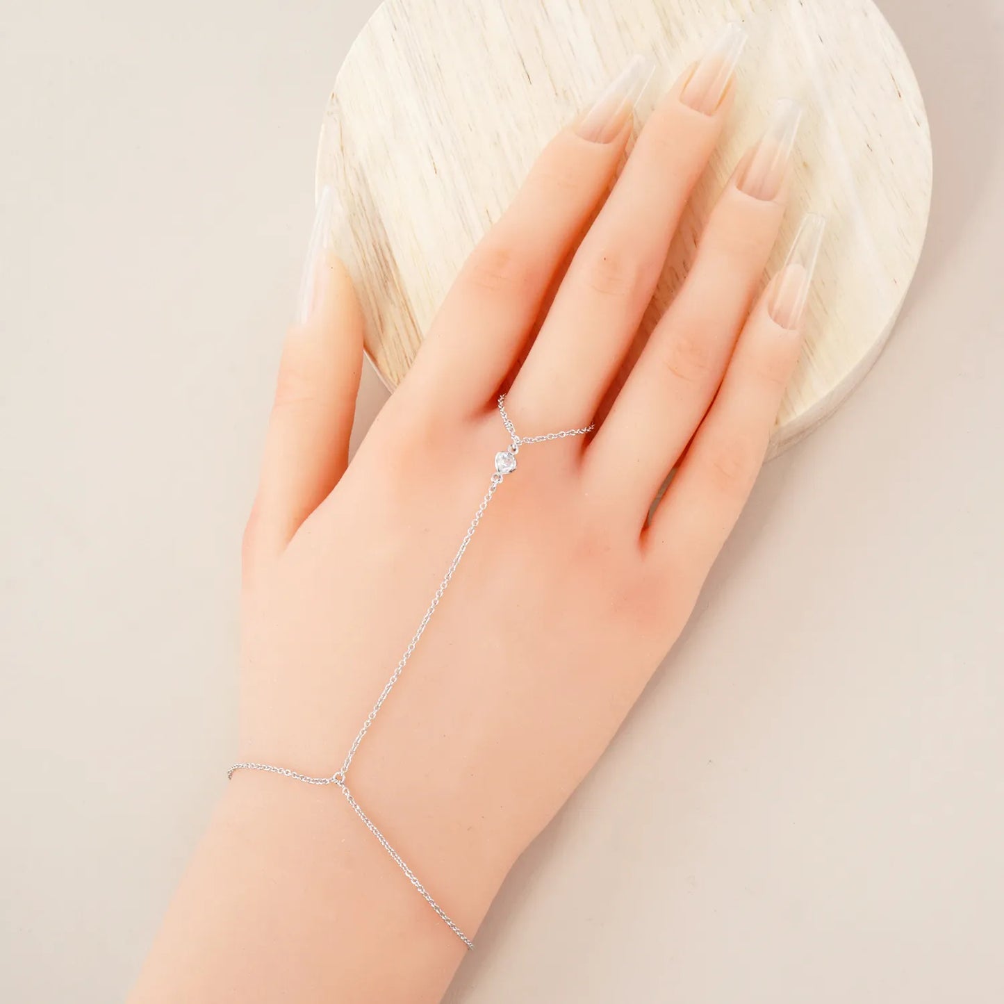 Heart CZ Accent 18K-Gold-Dipped Delicate Brass Hand-Chain Bracelet