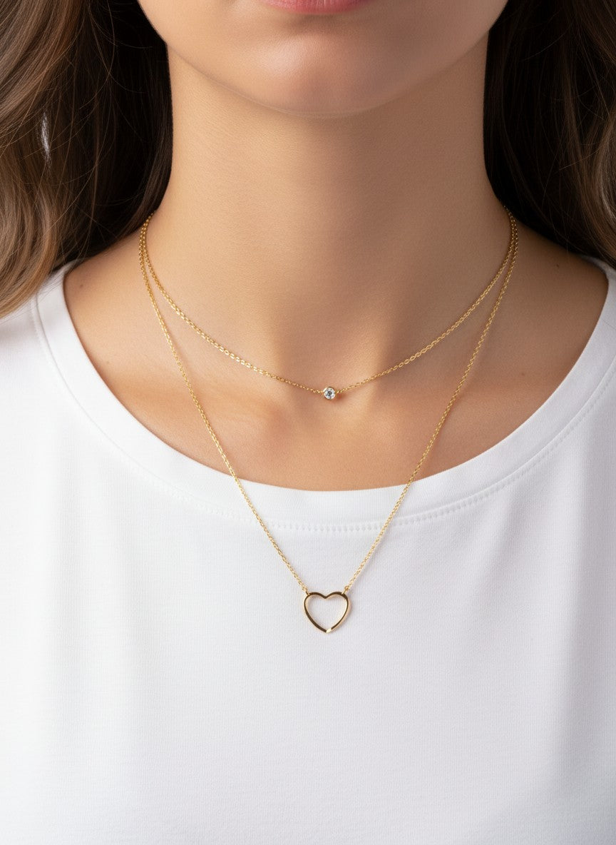 Heart CZ Pendant 18K-Gold-Dipped Layered Necklace