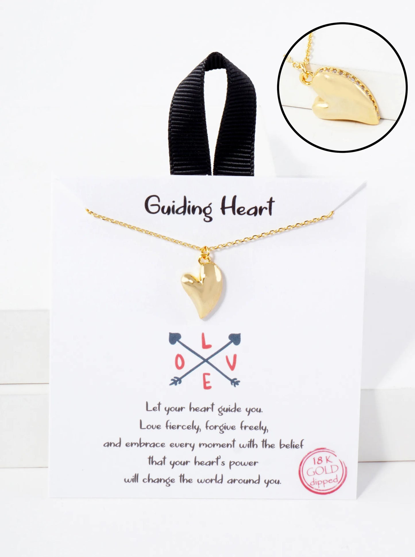 Heart CZ-Stones Set-on-the-Sides Pendant Hypoallergenic 18K-Gold-Dipped Necklace