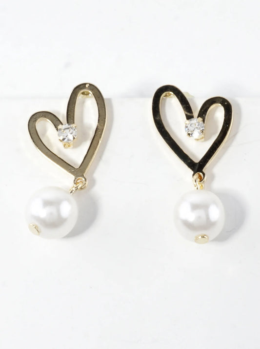 Heart Drop Earrings With Cubic Zirconia Pearl Drop