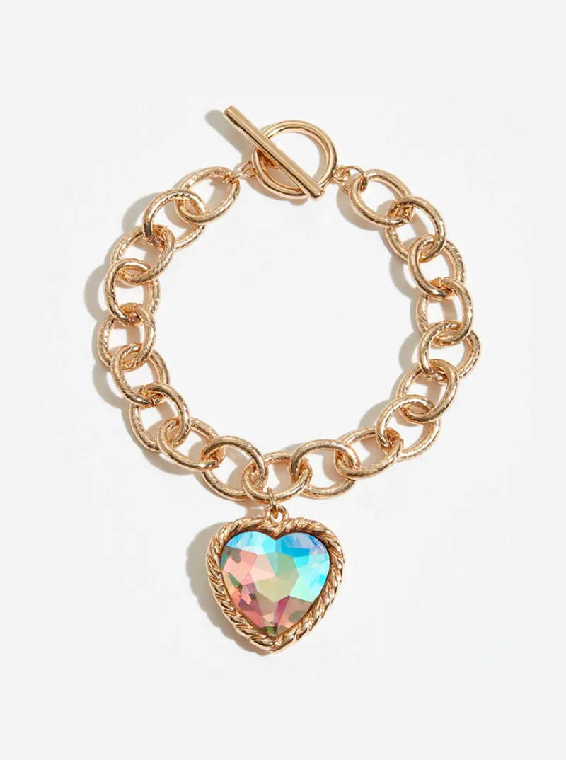 Heart Glass Stone Charm Toggle Closure Chain Bracelet