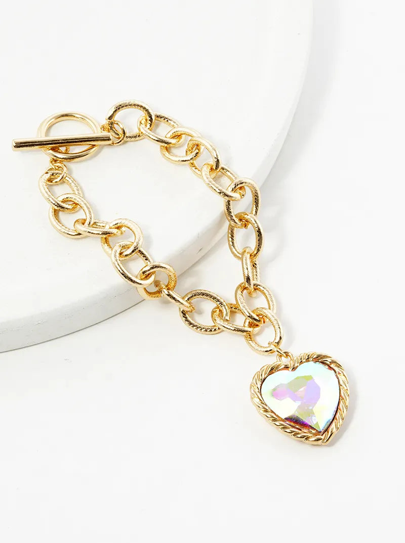 Heart Glass Stone Charm Toggle Closure Chain Bracelet