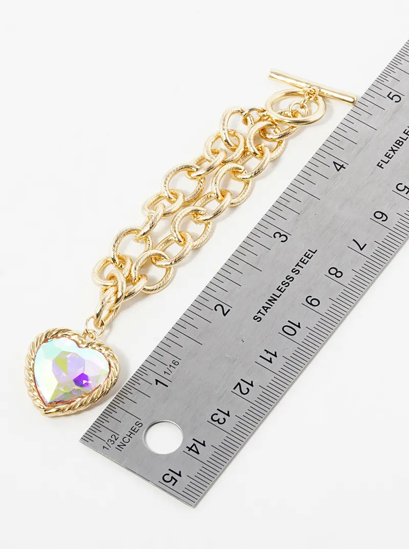 Heart Glass Stone Charm Toggle Closure Chain Bracelet
