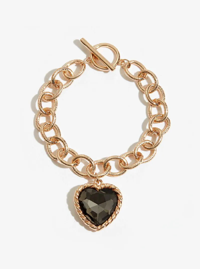 Heart Glass Stone Charm Toggle Closure Chain Bracelet