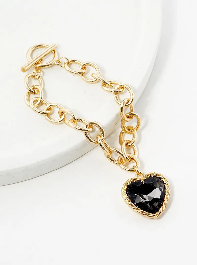 Heart Glass Stone Charm Toggle Closure Chain Bracelet
