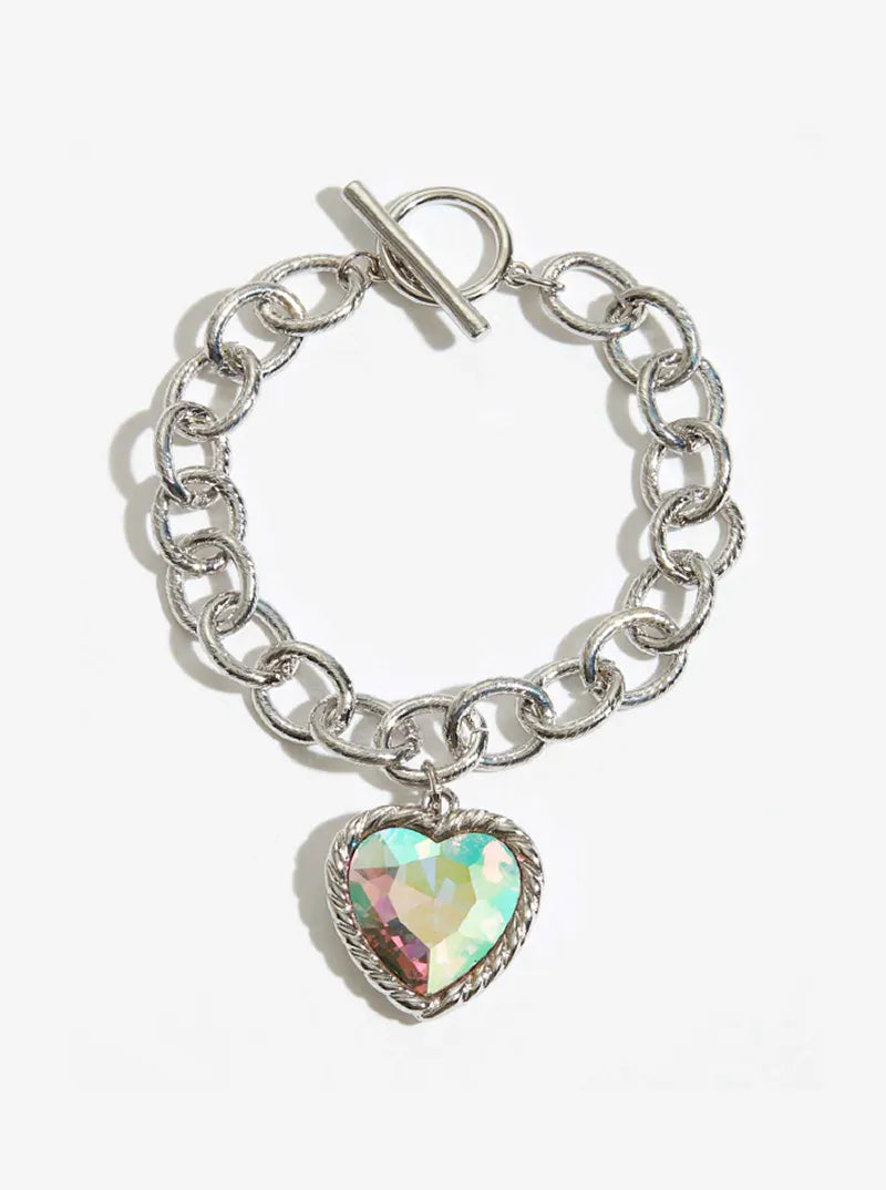 Heart Glass Stone Charm Toggle Closure Chain Bracelet