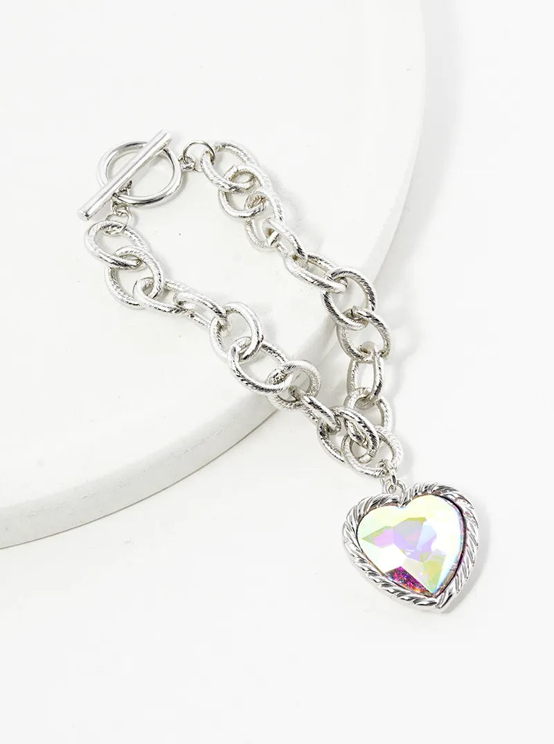 Heart Glass Stone Charm Toggle Closure Chain Bracelet