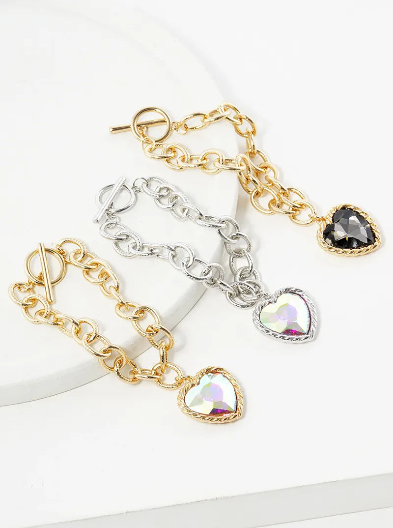 Heart Glass Stone Charm Toggle Closure Chain Bracelet