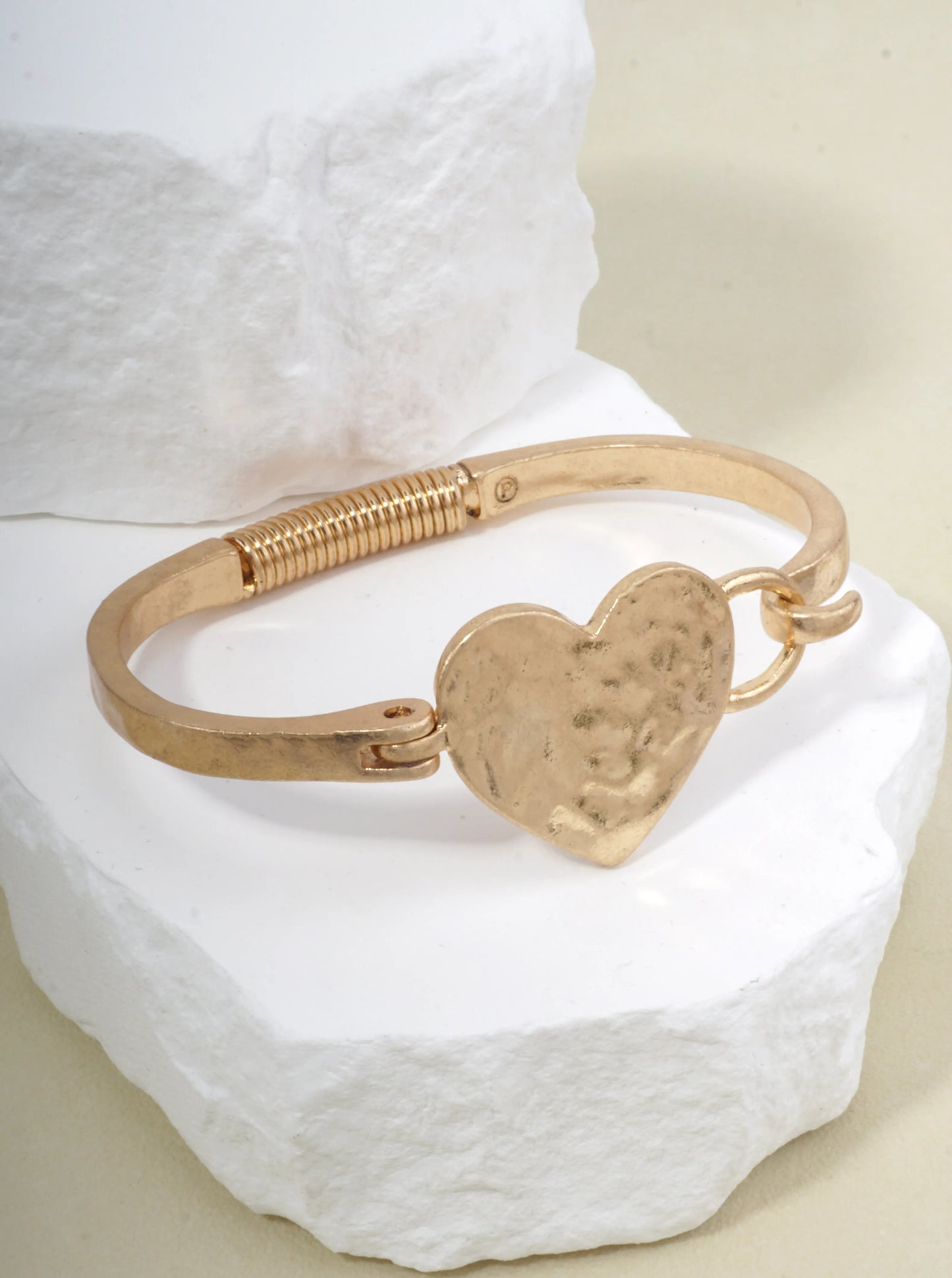 Heart Motif Hammered Bangle Cuff Bracelet