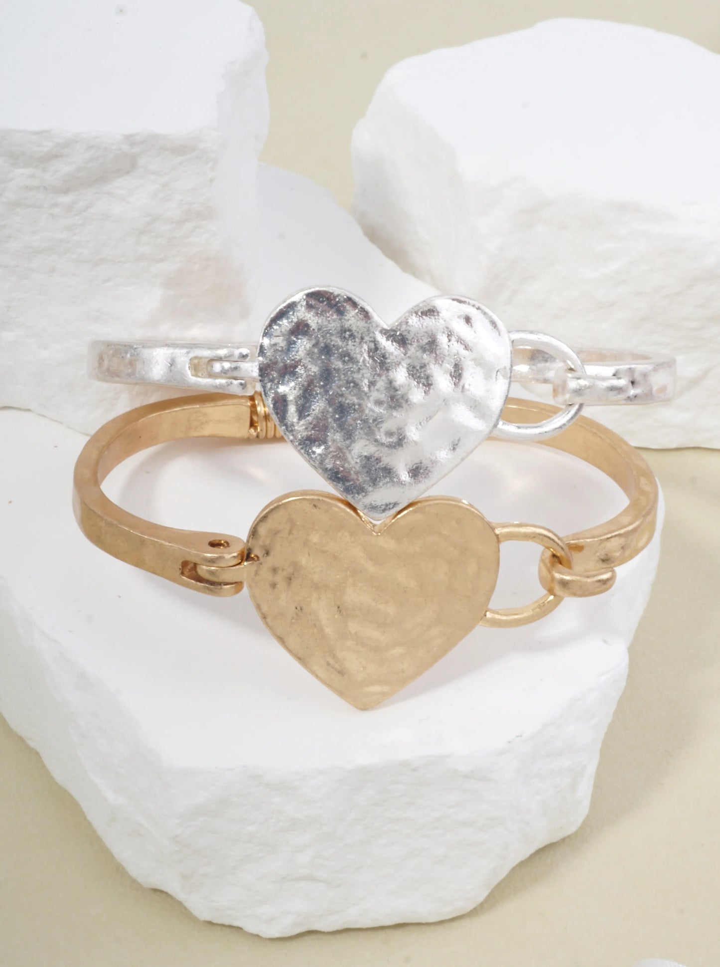 Heart Motif Hammered Bangle Cuff Bracelet