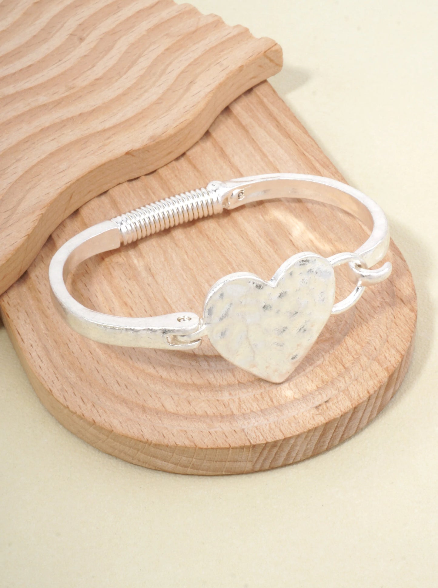 Heart Motif Hammered Bangle Cuff Bracelet