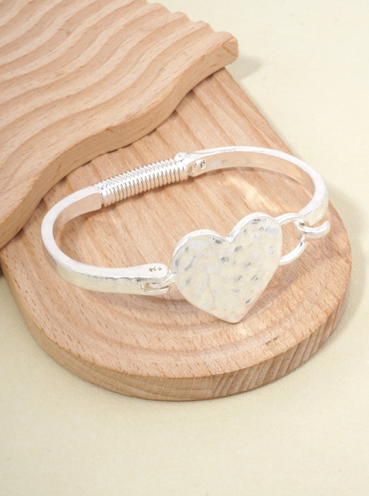 Heart Motif Hammered Bangle Cuff Bracelet