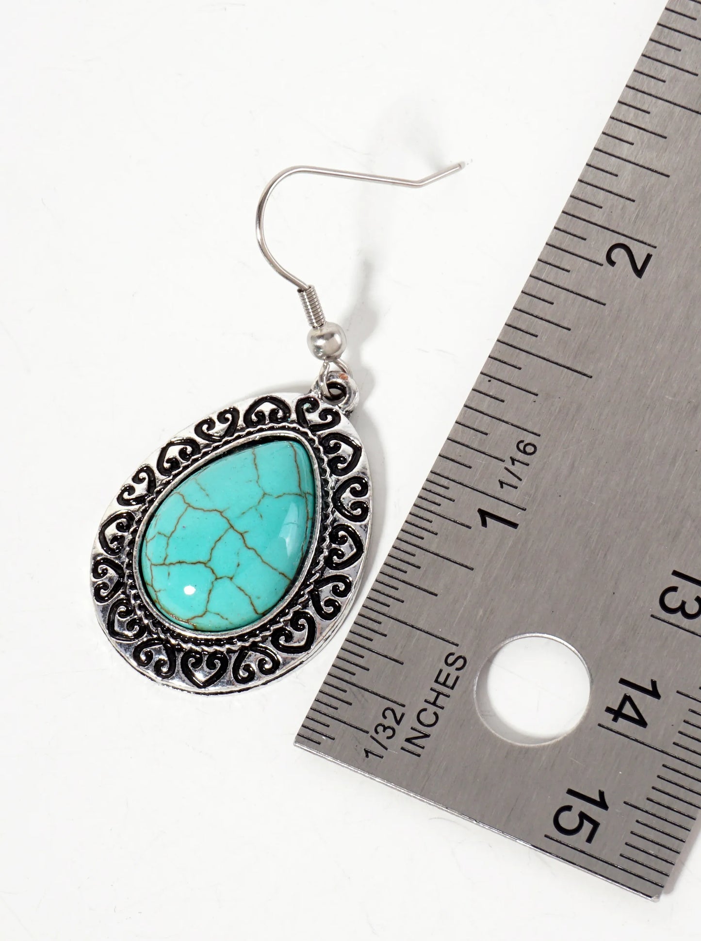 Heart Pattern Engraved Teardrop-Shaped Turquoise Semi-Precious Natural-Stone Dangle Earrings