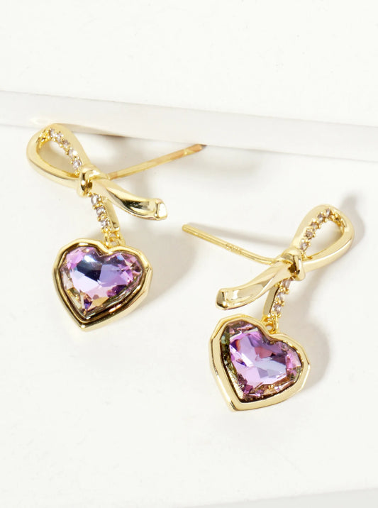 Heart Stone Drop Pave-Set Cubic-Zirconia Bow Design 18K-Gold-Dipped Post Earrings
