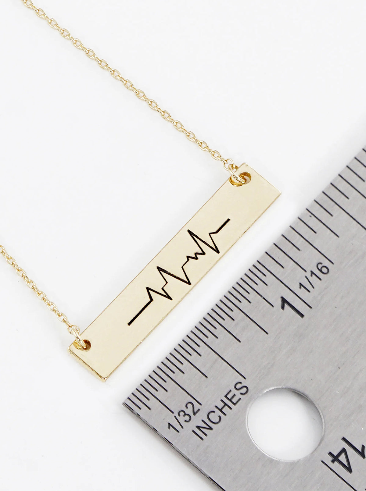 Heartbeat Engraved Horizontal Bar Pendant Necklace