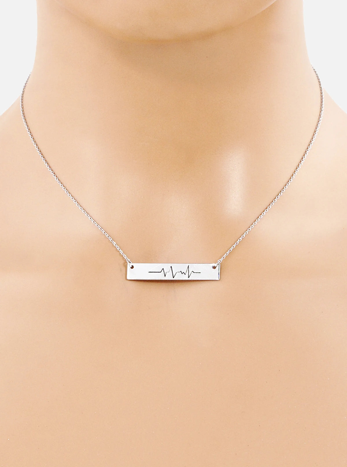 Heartbeat Engraved Horizontal Bar Pendant Necklace