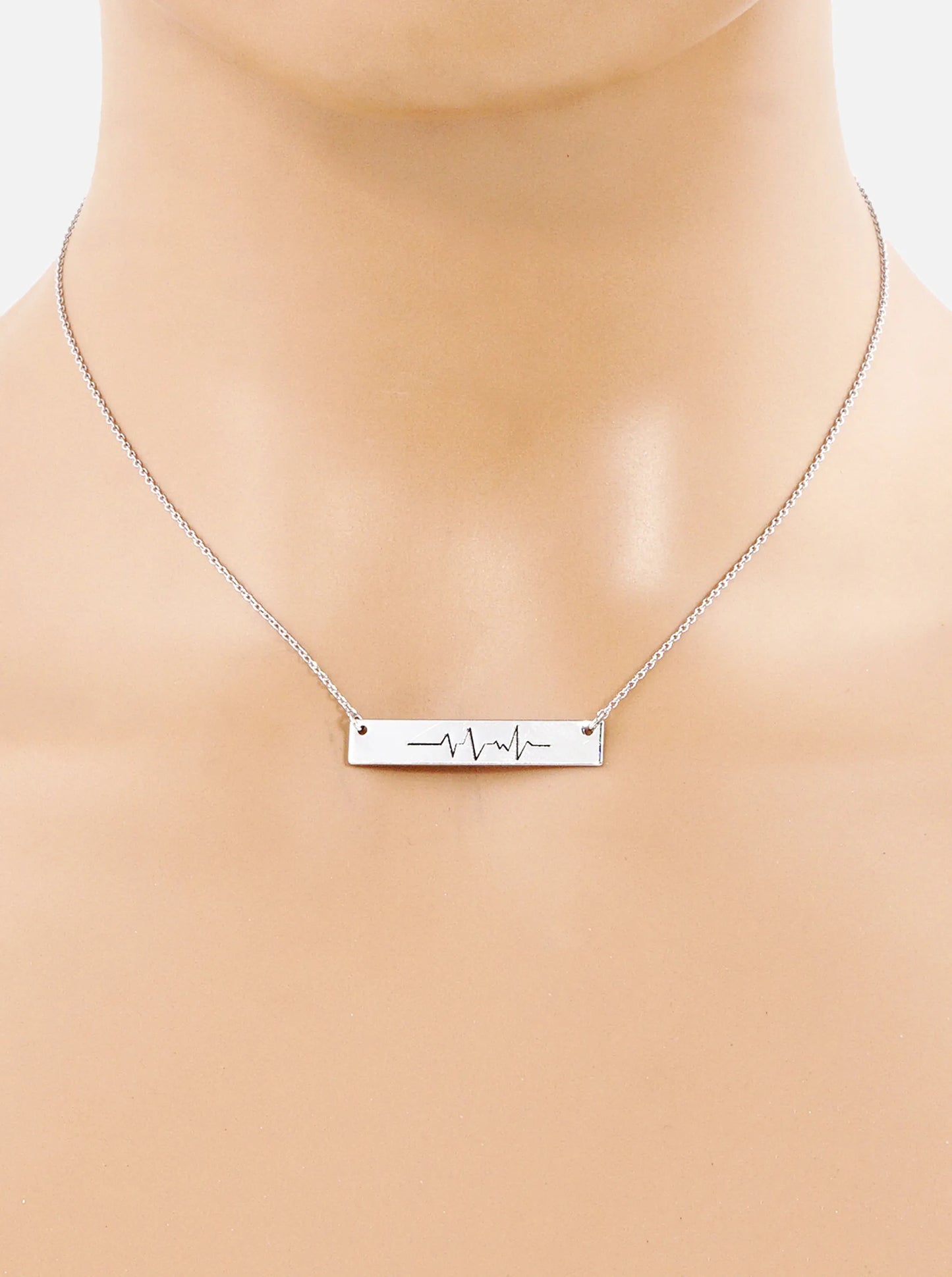 Heartbeat Engraved Horizontal Bar Pendant Necklace