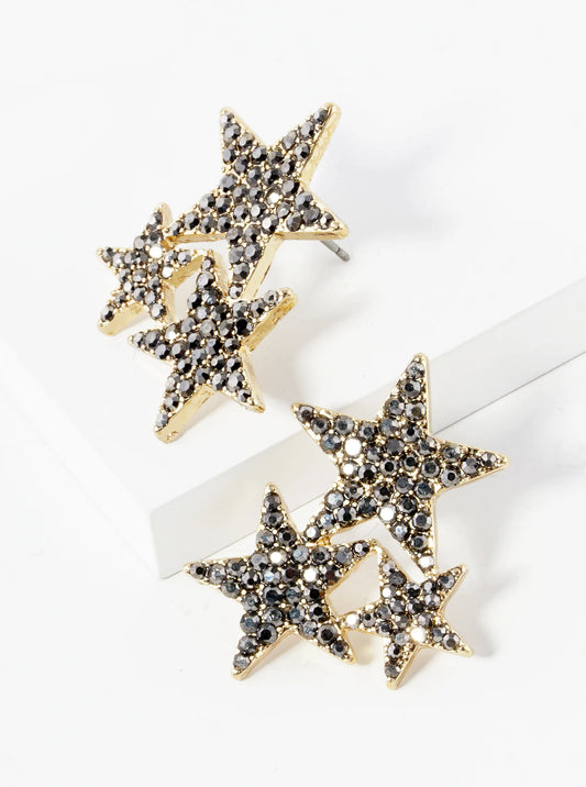 Hematite Crystal Pave Three Stars Stud Earrings