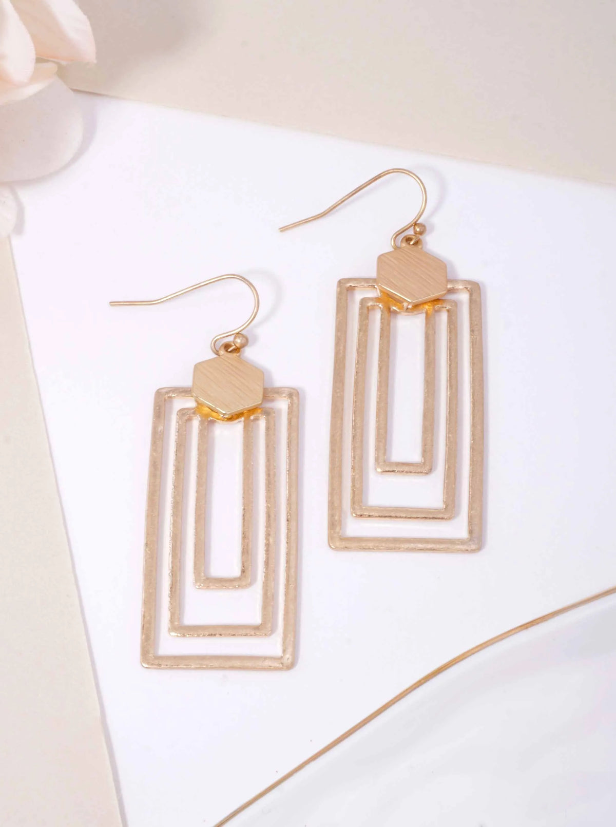 Hexagon Triple Rectangle Matte Hook Earrings - Matte Gold-Worn Gold