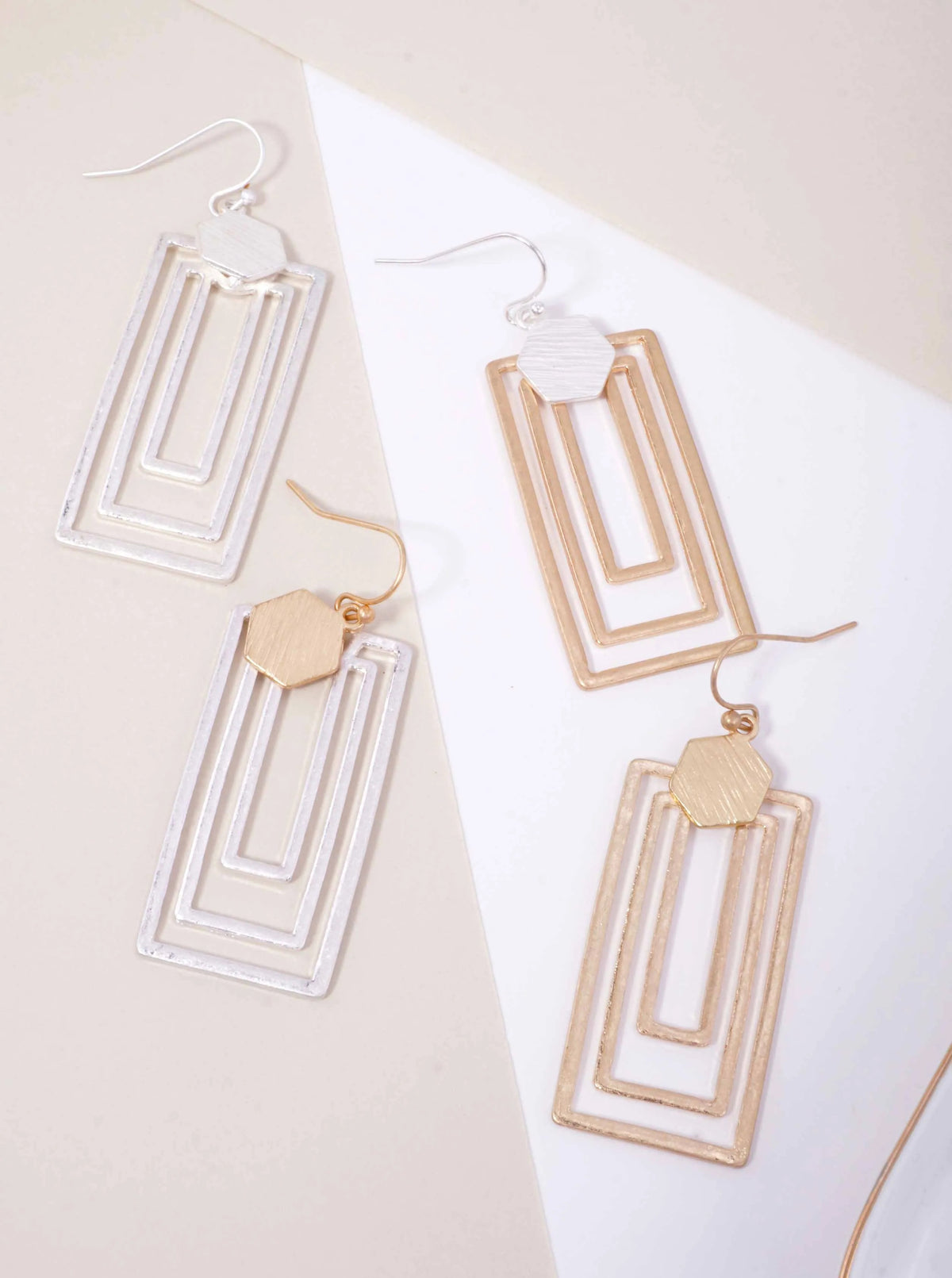 Hexagon Triple Rectangle Matte Hook Earrings - Matte Gold-Worn Gold