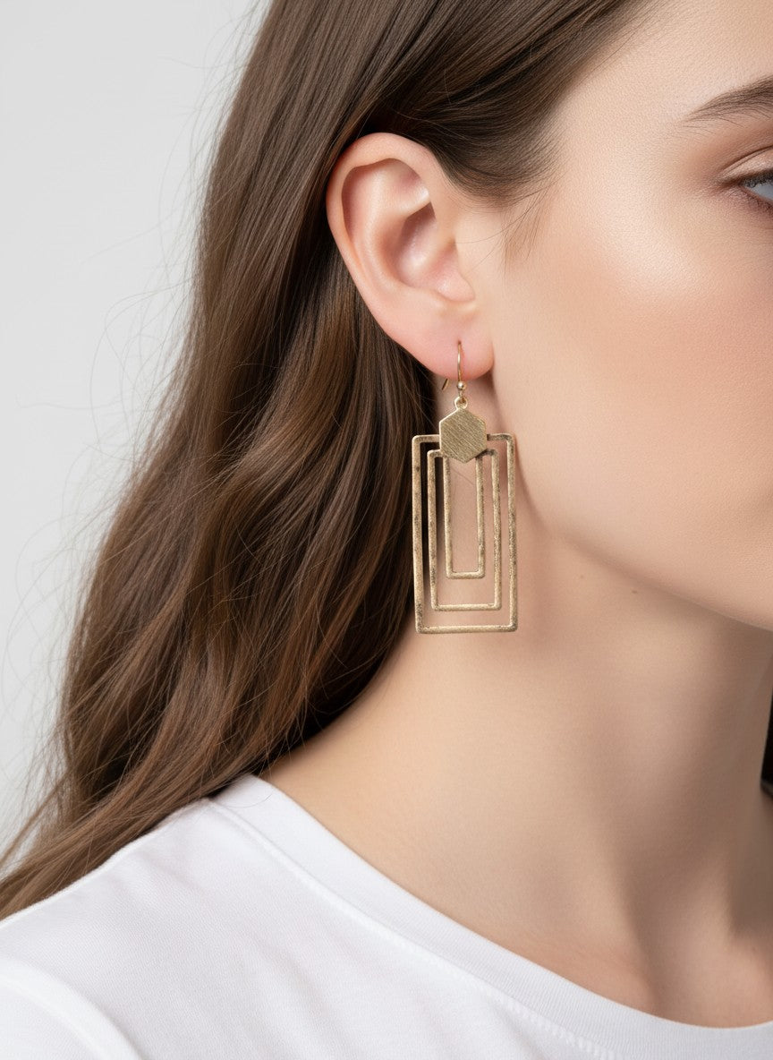 Hexagon Triple Rectangle Matte Hook Earrings - Matte Gold-Worn Gold